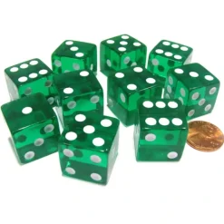 Dice>Set of 10 D6 Square Edged 19mm Dice - Transparent Green with White Pips - Your Source for Gaming Essentials