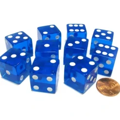 Dice>Set of 10 D6 Square Edged 19mm Dice - Transparent Blue with White Pips - Your Source for Gaming Essentials