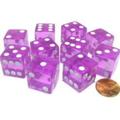 Dice>Set of 10 D6 Square Edged 19mm Dice - Transparent Pink with White Pips - Your Source for Gaming Essentials