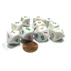 Dice>Set of 10 D10 Ten-Sided Opaque Rainbow Dice, 0-9 - White with Multicolor Number - Your Source for Gaming Essentials