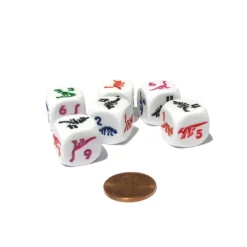 Dice>Set of 6 Dino Dice 16mm D6 Round Edge - White with Multi-Color Etched Dinosaurs - Your Source for Gaming Essentials