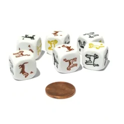 Dice>Set of 6 Dog Dice - 16mm D6 Round Edge - White with Multi-Color Etched Animals - Your Source for Gaming Essentials