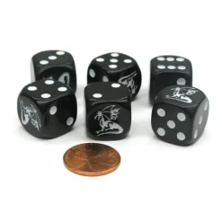 Dice>Set of 6 Dragon 16mm D6 Round Edge Creature Dice - Black with White Pips - Your Source for Gaming Essentials