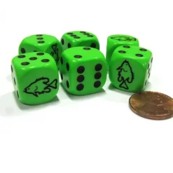 Dice>Set of 6 Fish 16mm D6 Round Edged Animal Dice - Green with Black Pips - Your Source for Gaming Essentials