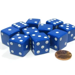 Dice>Set of 10 Large Six Sided Square Opaque 19mm D6 Dice - Blue with White Pips - Your Source for Gaming Essentials