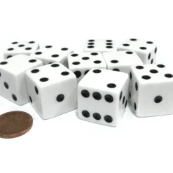 Dice>Set of 10 Large Six Sided Square Opaque 19mm D6 Dice - White with Black Pips - Your Source for Gaming Essentials
