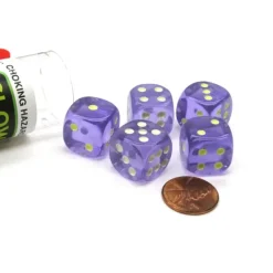 Dice>Set of 5 16mm D6 Glow In the Dark Spots Dice in Tube - Purple - Your Source for Gaming Essentials