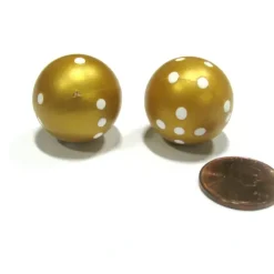 Dice>Set of 2 22mm Round Dice, Weighted to Display Number - Gold with White Pips - Your Source for Gaming Essentials