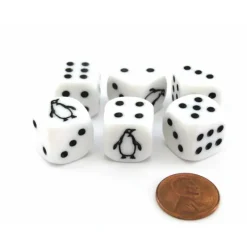 Dice>Set of 6 Penguin 16mm D6 Round Edged Animal Dice - White with Black Pips - Your Source for Gaming Essentials