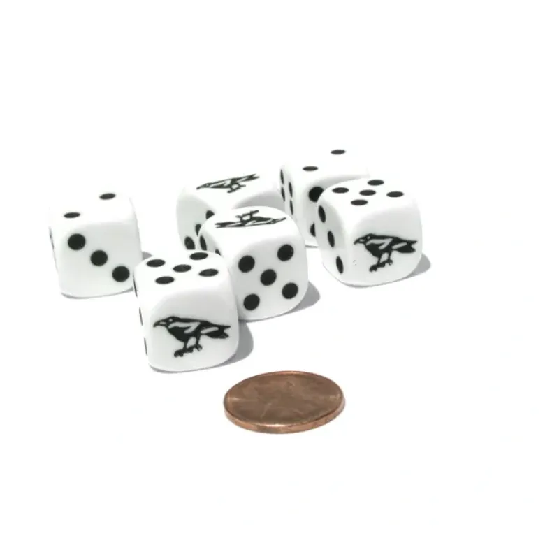 Dice>Set of 6 Raven 16mm D6 Round Edged Animal Dice - White with Black Pips - Your Source for Gaming Essentials