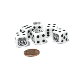 Dice>Set of 6 Route 66 16mm D6 Round Edged Dice - White with Black Pips - Your Source for Gaming Essentials