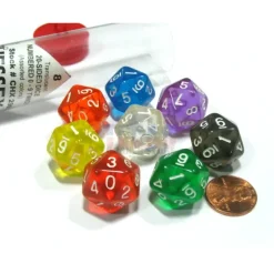 Dice>Set of 8 20-Sided D10 Chessex Dice Numbered 0-9 Twice - Translucent Assortment - Your Source for Gaming Essentials
