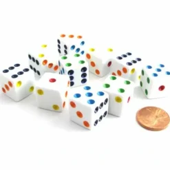 Dice>Set of 10 Six Sided D6 16mm Standard Dice Die - White with Multi-Color Pips - Your Source for Gaming Essentials