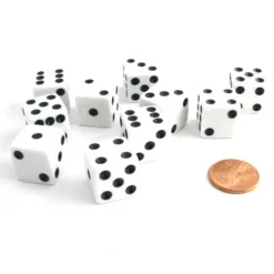 Dice>Set of 10 Six Sided Square Opaque 16mm D6 Dice - White with Black Pip Die - Your Source for Gaming Essentials