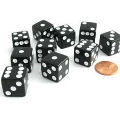 Dice>Set of 10 Six Sided Square Opaque 16mm D6 Dice - Black with White Pip Die - Your Source for Gaming Essentials