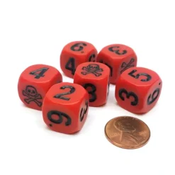 Dice>Set of 6 Skull and Crossbones 16mm Numerical Dice - Red with Black Pips - Your Source for Gaming Essentials