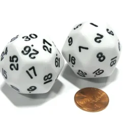 Dice>Set of 2 Triantakohedron D30 30 Sided 33mm Jumbo Dice - White w Black Numbers - Your Source for Gaming Essentials