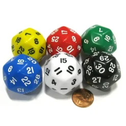 Dice>Set of 6 Triantakohedron D30 33mm Jumbo Dice - Yellow Red Green Blue White Black - Your Source for Gaming Essentials