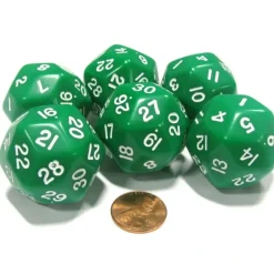 Dice>Set of 6 Triantakohedron D30 30 Sided 33mm Jumbo Dice - Green w White Numbers - Your Source for Gaming Essentials