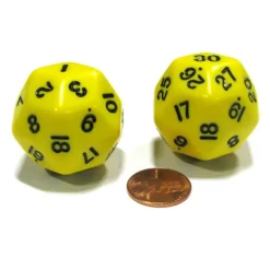Dice>Set of 2 Triantakohedron D30 30 Sided 33mm Jumbo Dice - Yellow w Black Numbers - Your Source for Gaming Essentials