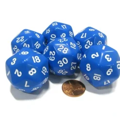 Dice>Set of 6 Triantakohedron D30 30 Sided 33mm Jumbo Dice - Blue w White Numbers - Your Source for Gaming Essentials