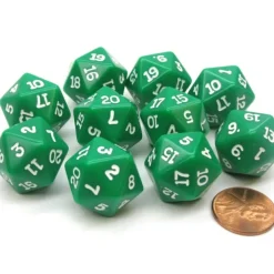 Dice>Set of 10 Twenty Sided 19mm D20 Opaque RPG Dice - Green with White Numbers Die - Your Source for Gaming Essentials
