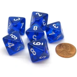 Dice-Translucent 15mm 8 Sided D8 Chessex Dice, 6 Pieces - Blue with White - Your Source for Gaming Essentials
