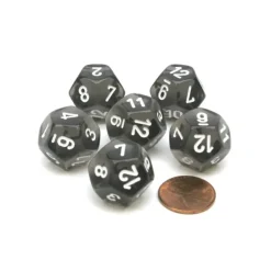 Dice-Translucent 18mm 12 Sided D12 Chessex Dice, 6 Pieces - Smoke with White Numbers - Your Source for Gaming Essentials