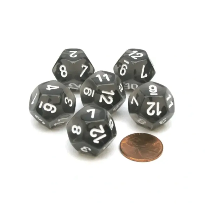 Dice-Translucent 18mm 12 Sided D12 Chessex Dice, 6 Pieces - Smoke with White Numbers - Your Source for Gaming Essentials