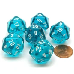 Dice-Translucent 20mm 20 Sided D20 Chessex Dice, 6 Pieces - Teal with White Numbers - Your Source for Gaming Essentials