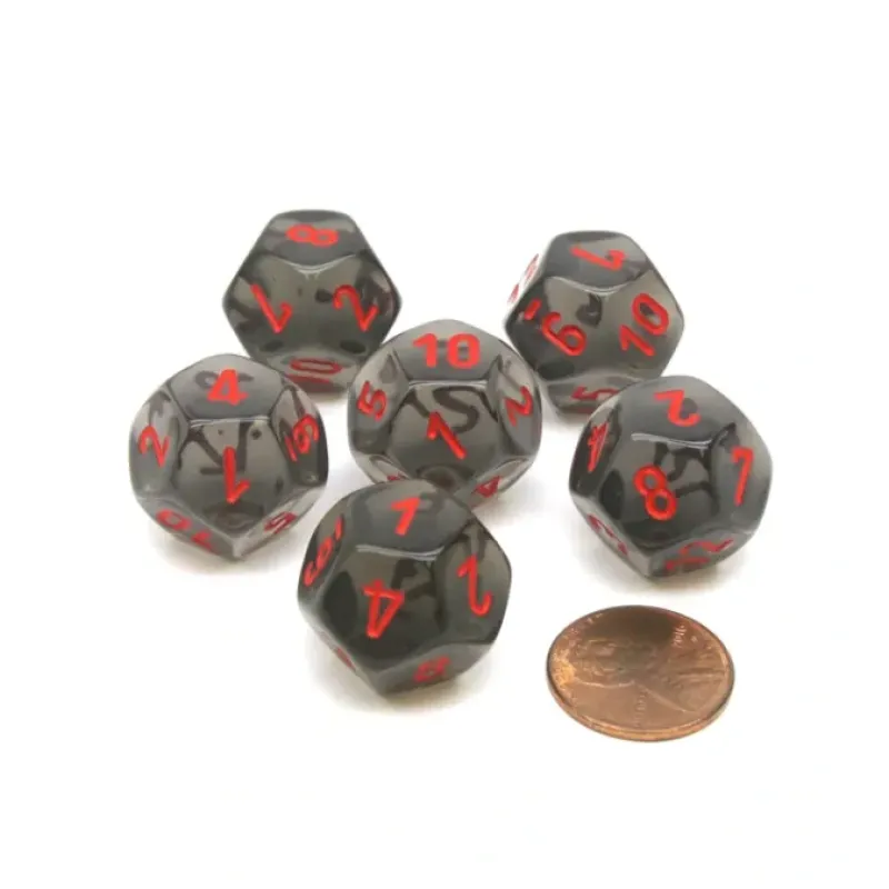 Dice-Translucent 18mm 12 Sided D12 Chessex Dice, 6 Pieces - Smoke with Red Numbers - Your Source for Gaming Essentials