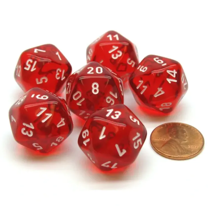 Dice-Translucent 20mm 20 Sided D20 Chessex Dice, 6 Pieces - Red with White Numbers - Your Source for Gaming Essentials