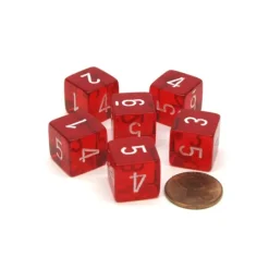 Dice>Translucent 15mm 6 Sided D6 Chessex Dice, 6 Pieces - Red with White Numbers - Your Source for Gaming Essentials
