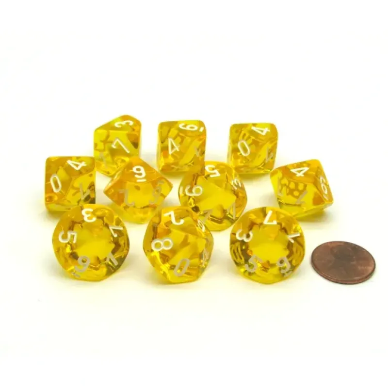 Dice-Translucent 16mm D10 (0-9) Chessex Dice, 10 Pieces - Yellow with White Numbers - Your Source for Gaming Essentials