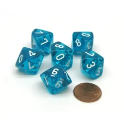Dice-Translucent 16mm D10 (0-9) Chessex Dice, 6 Pieces - Teal with White Numbers - Your Source for Gaming Essentials
