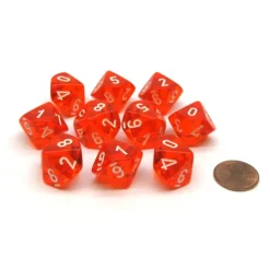 Dice-Translucent 16mm D10 (0-9) Chessex Dice, 10 Pieces - Orange with White Numbers - Your Source for Gaming Essentials