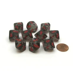 Dice-Translucent 16mm D10 (0-9) Chessex Dice, 10 Pieces - Smoke with Red Numbers - Your Source for Gaming Essentials