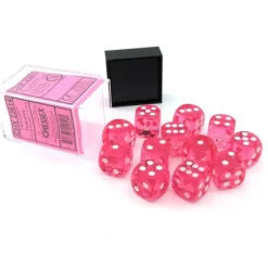 Dice-Translucent 16mm D6 Chessex Dice Block (12 Die) - Pink with White Pips - Your Source for Gaming Essentials