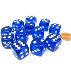 Dice-Translucent 16mm D6 Chessex Dice Block (12 Die) - Blue with White Pips - Your Source for Gaming Essentials