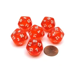Dice-Translucent 20mm D20 Chessex Dice, 6 Pieces - Orange-Red with White Numbers - Your Source for Gaming Essentials