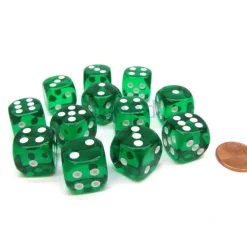 Dice-Translucent 16mm D6 Chessex Dice Block (12 Die) - Green with White Pips - Your Source for Gaming Essentials