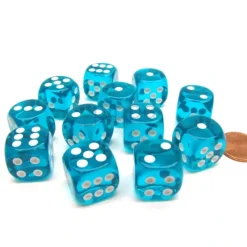 Dice-Translucent 16mm D6 Chessex Dice Block (12 Die) - Teal with White Pips - Your Source for Gaming Essentials