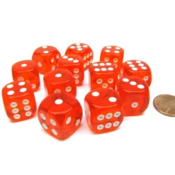 Dice-Translucent 16mm D6 Chessex Dice Block (12 Die) - Orange with White Pips - Your Source for Gaming Essentials