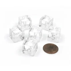 Dice-Translucent 15mm 6-Sided D6 Chessex Dice, 6 Pieces - Clear with White Numbers - Your Source for Gaming Essentials