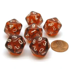 Dice-Translucent 18mm 20-Sided D10 Dice Numbered 0-9 Twice, 6 Pieces - Brown - Your Source for Gaming Essentials