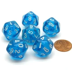 Dice-Translucent 18mm 20-Sided D10 Dice Numbered 0-9 Twice, 6 Pieces - Blue - Your Source for Gaming Essentials