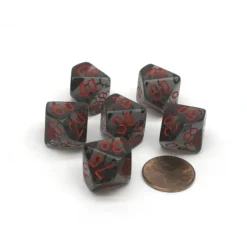 Dice-Translucent 16mm Tens D10 (00-90) Chessex Dice 6 Pieces - Smoke with Red Numbers - Your Source for Gaming Essentials