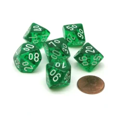 Dice-Translucent 16mm Tens D10 (00-90) Dice, 6 Pieces - Green with White Numbers - Your Source for Gaming Essentials