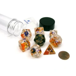 Dice-Tube of 7 Polyhedral RPG Sirius Dice with Bonus D20 - Purple, Orange Clear - Your Source for Gaming Essentials
