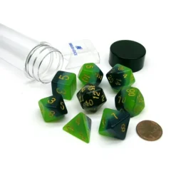 Dice-Tube of 7 Polyhedral RPG Sirius Dice with Bonus D20 - Green, Blue Translucent - Your Source for Gaming Essentials